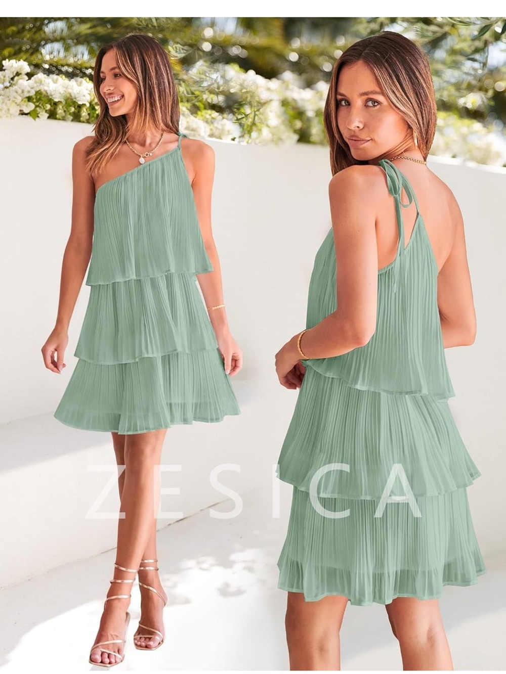 Zesica Sage Green One-Shoulder Tiered Pleated Dress